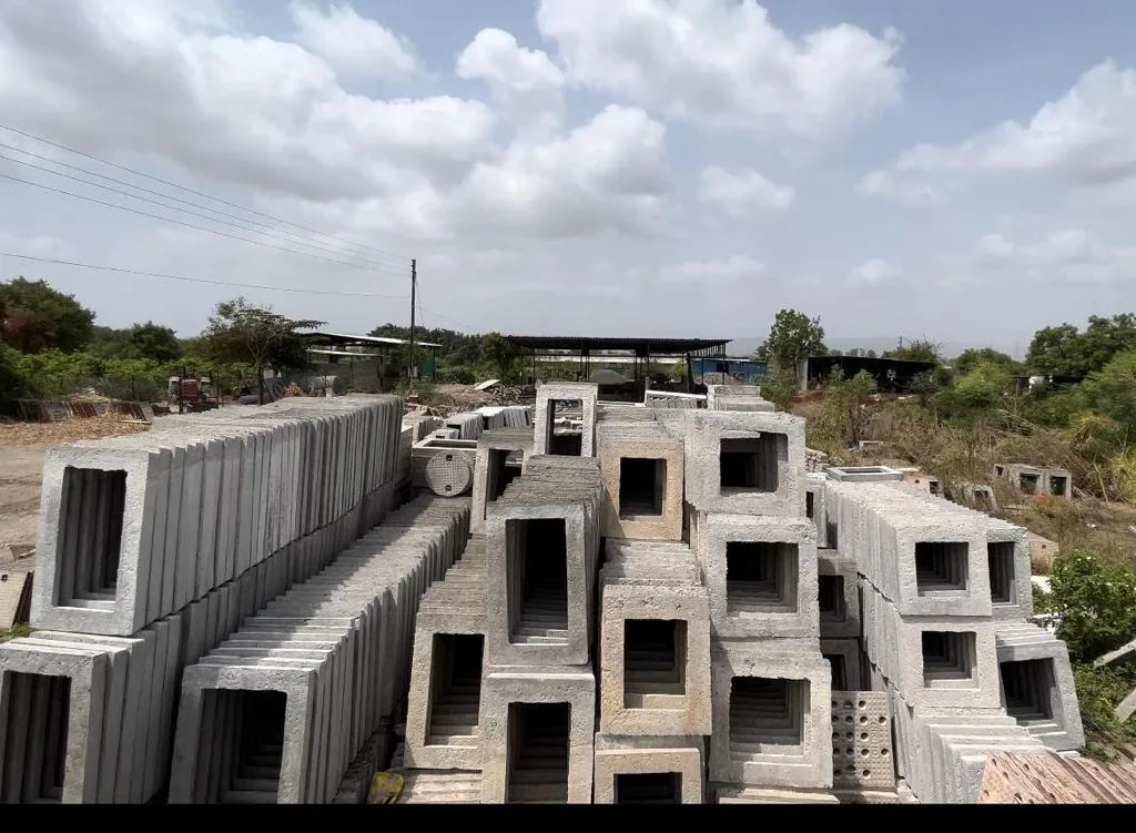 Precast RCC chamber units stacked at the Gurukrupa Enterprises manufacturing yard