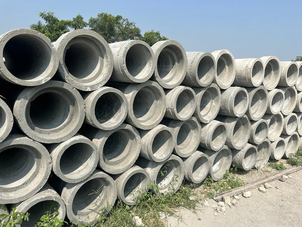 Close-up of stacked RCC drainage pipes manufactured by Gurukrupa Enterprises